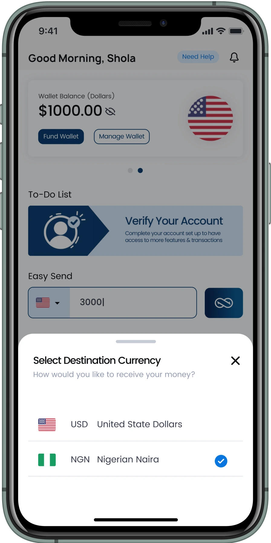 Vitalswap send money app screen