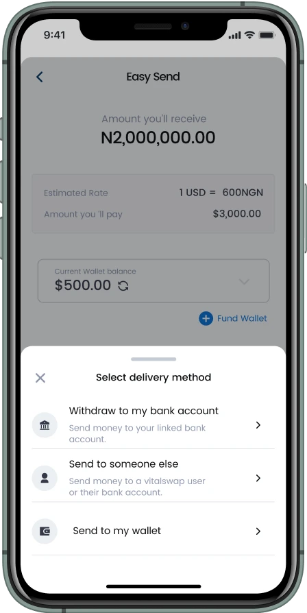 Vitalswap send money app screen